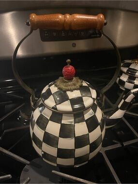 MacKenzie-Childs Black and White Checkered Teapot with Red Finial